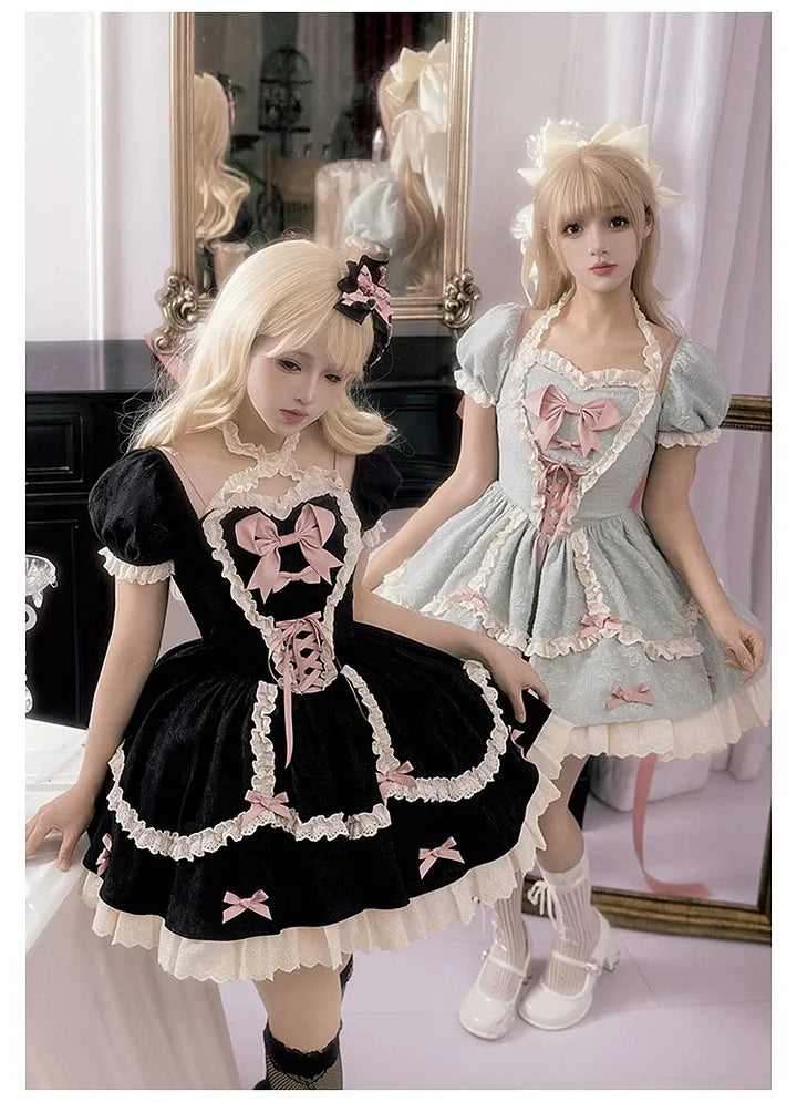 Sweetheart Bow Lolita Dress Short Sleeve Lace Cute Princess Dress