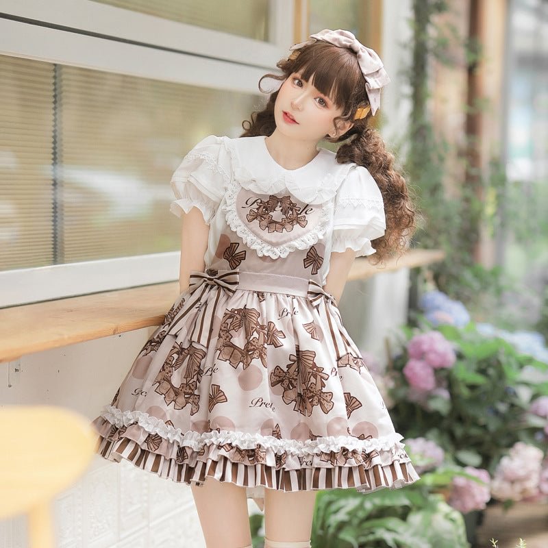 Sweetheart Cute Light Brown Jacquard Short Sleeve Short Dress Lolita Ruffle Hem JSK Shirt