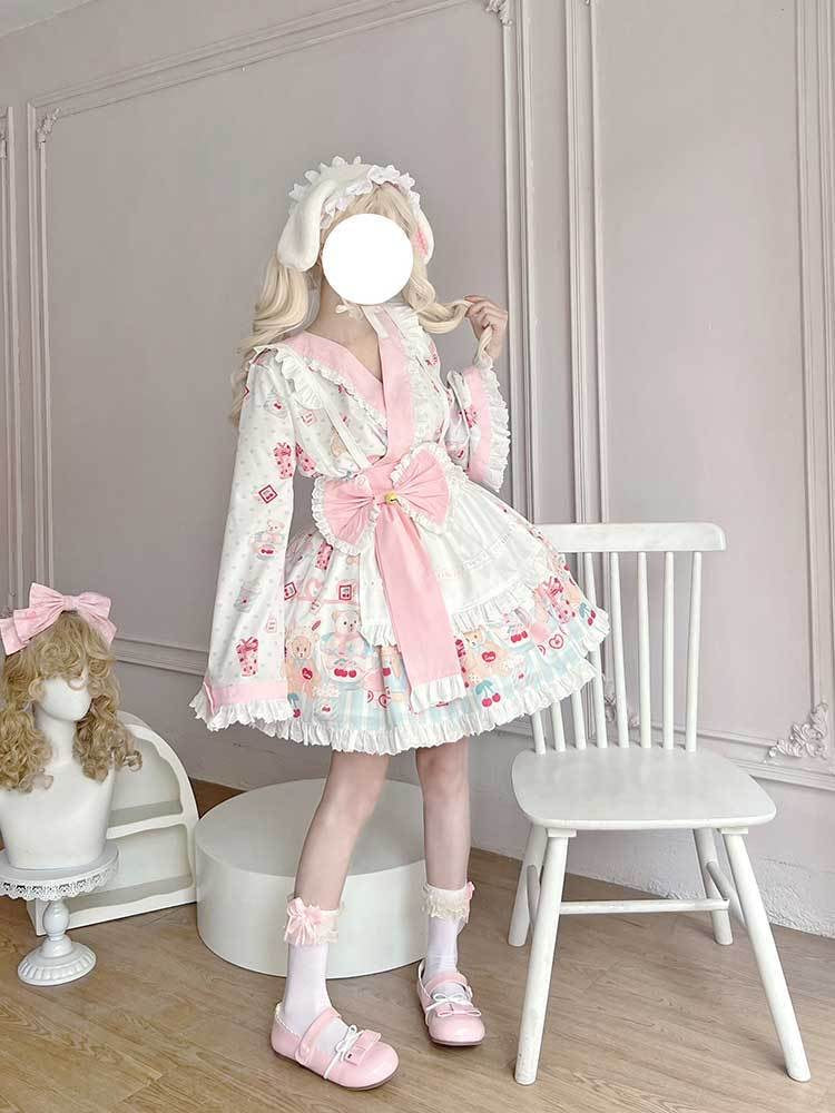 Sweets Lolita Qi  Pink Blue Maid Outfit Bear Cookies with Bow Japanese Lolita Dress