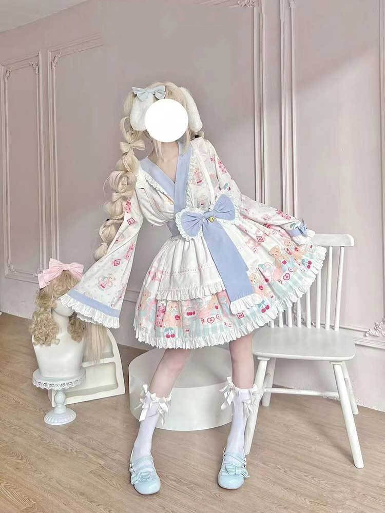 Sweets Lolita Qi  Pink Blue Maid Outfit Bear Cookies with Bow Japanese Lolita Dress