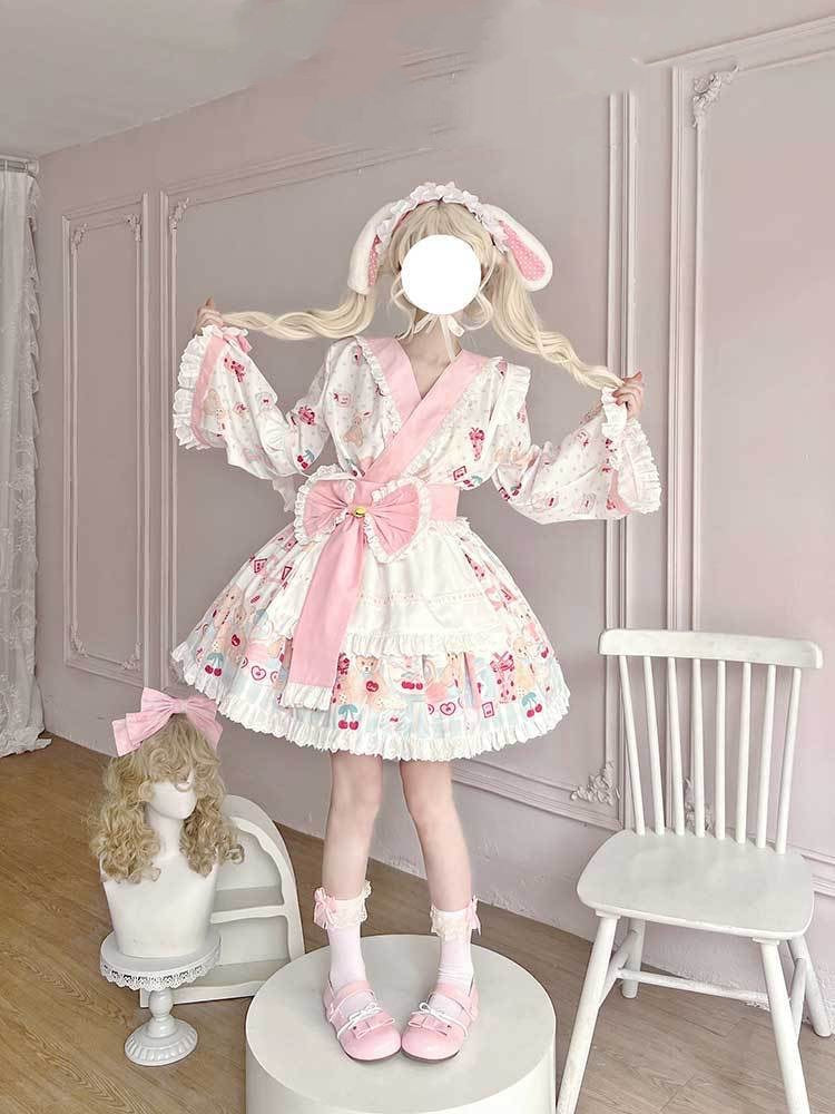 Sweets Lolita Qi  Pink Blue Maid Outfit Bear Cookies with Bow Japanese Lolita Dress