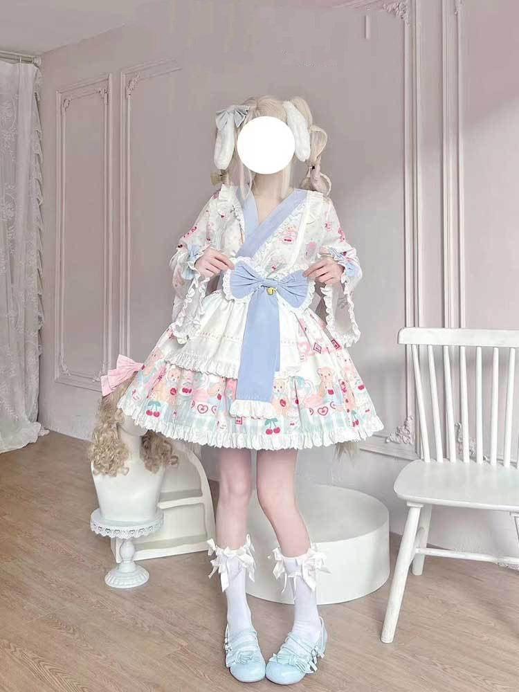 Sweets Lolita Qi  Pink Blue Maid Outfit Bear Cookies with Bow Japanese Lolita Dress