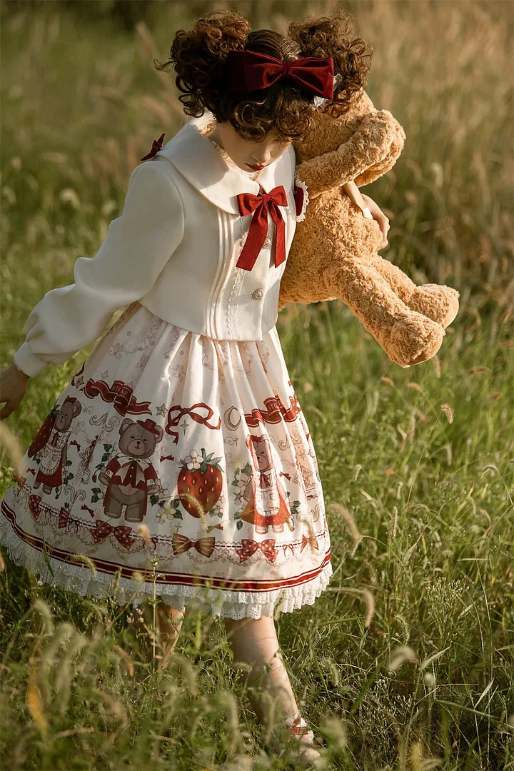 Sweetslolita Strawberry Bear Lolita Outfit Christmas Dress White Coat JSK