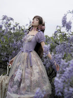 Hime Lolita Tea Party Fashion Purple Flower Short Sleeve Lace Printed Long Dress Voyage