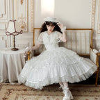 Hime Lolita Tea Party Fashion Classic White Dress Wedding Gold Mesh Embroidery