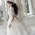 Hime Lolita Tea Party Fashion Classic White Dress Wedding Gold Mesh Embroidery