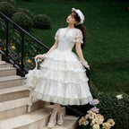 Hime Lolita Tea Party Fashion Classic White Dress Wedding Gold Mesh Embroidery