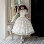 Hime Lolita Tea Party Fashion Classic White Dress Wedding Gold Mesh Embroidery