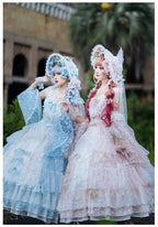 Tea Party Fashion Hime Lolita Pink Blue Gorgeous Floral Party Lolita Long Lace Layered JSK