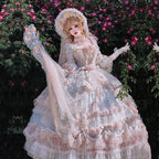 Hime Lolita Tea Party Fashion Pink Rose Gorgeous Pink Blue Flower Maxi Dress Plus Size