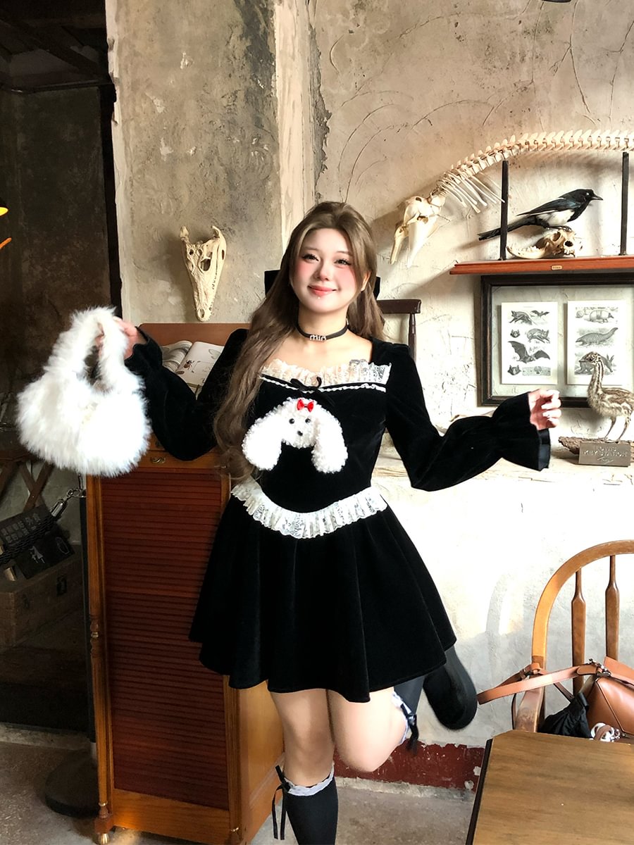 Sweet Lolita Black Teddy Puppy Velvet Autumn and Winter Plus Size 3XL Lolita Dress