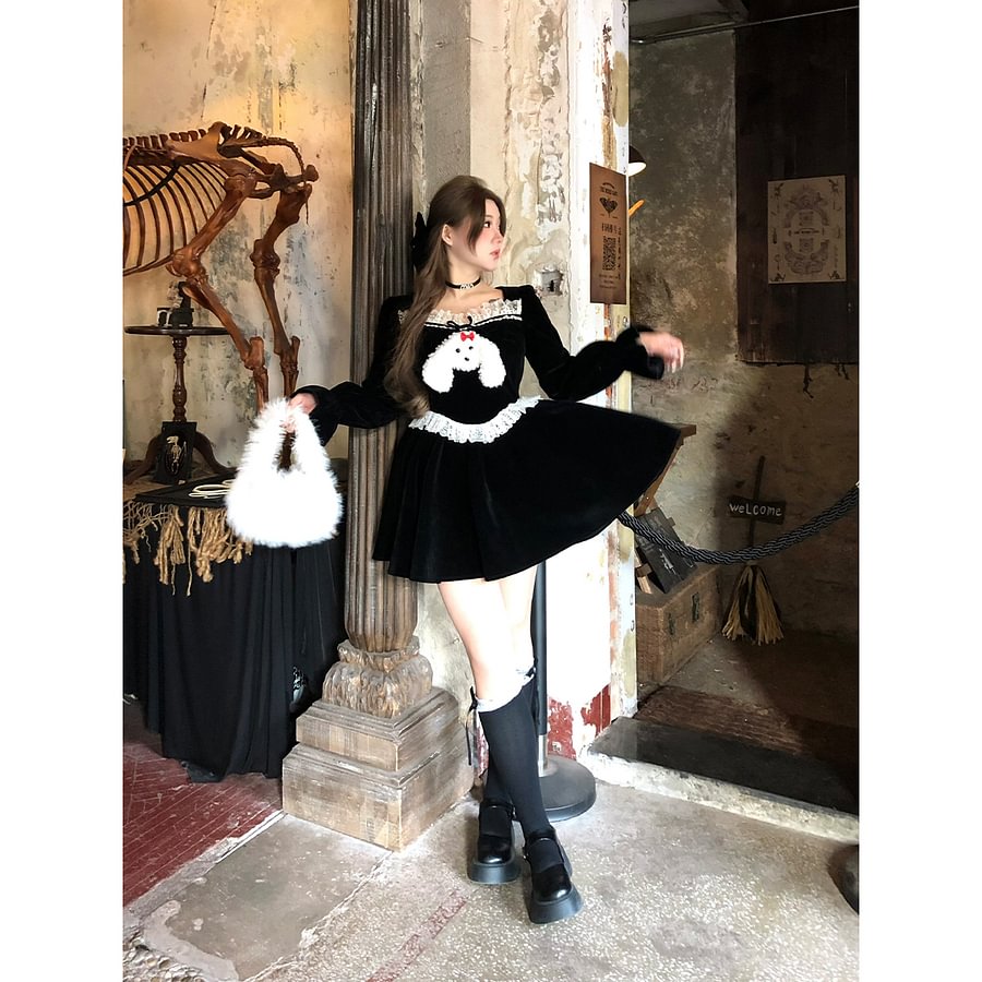 Sweet Lolita Black Teddy Puppy Velvet Autumn and Winter Plus Size 3XL Lolita Dress