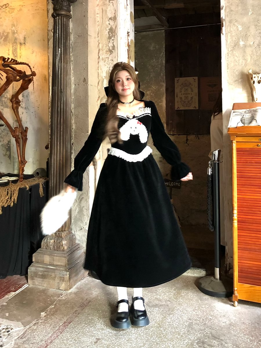 Sweet Lolita Black Teddy Puppy Velvet Autumn and Winter Plus Size 3XL Lolita Dress