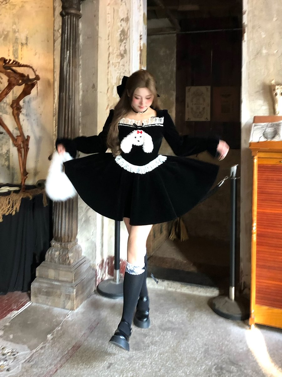 Sweet Lolita Black Teddy Puppy Velvet Autumn and Winter Plus Size 3XL Lolita Dress