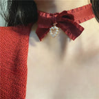 Teenage Sweet Bow Love Collarbone Chain Neck Strap Collar Red Christmas