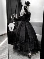 Vintage Gothic Black Maxi Dress Halloween Costume Witch Lolita Princess Dress