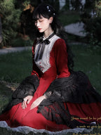 Classic Lolita Vintage Hepburn Style Autumn Elegant Dress Red Green Black OP Long Sleeve
