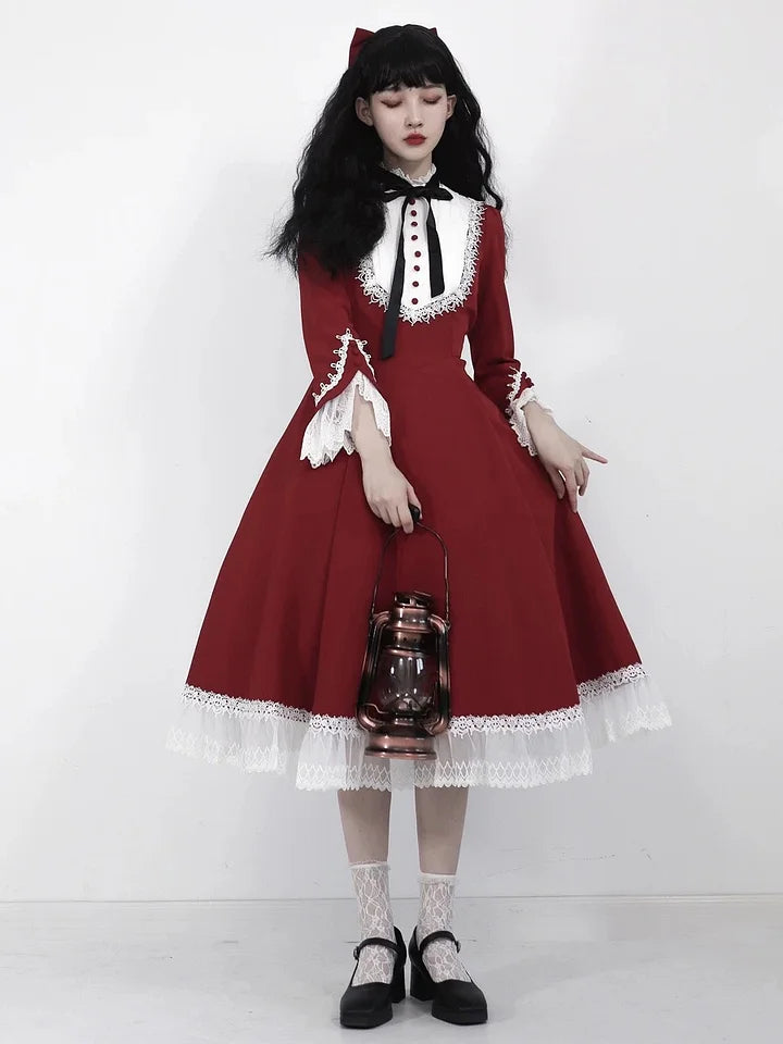 Classic Lolita Vintage Hepburn Style Autumn Elegant Dress Red Green Black OP Long Sleeve