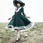 Classic Lolita Vintage Hepburn Style Autumn Elegant Dress Red Green Black OP Long Sleeve