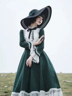 Classic Lolita Vintage Hepburn Style Autumn Elegant Dress Red Green Black OP Long Sleeve