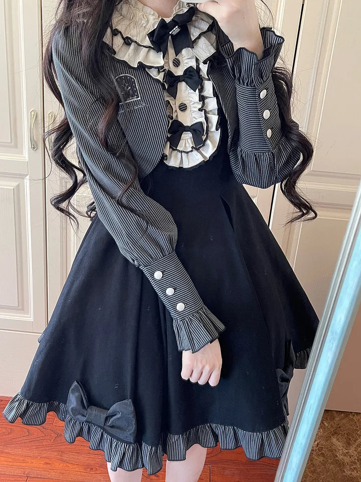Vintage and Classic Lolita Victorian Lolita Elegant Lolita Long Sleeve Dress Gray Black Autumn Winter Lolita Dress Plus Size