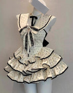 Sweet Lolita Apricot Navy Collar Polka Dot Cake Dress Summer Dress