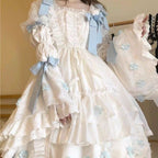 Sweet Lolita Blue and White Bow Long Sleeves Cute Princess Dress
