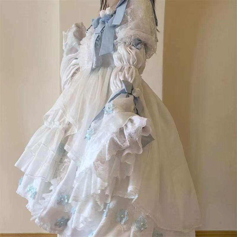 Sweet Lolita Blue and White Bow Long Sleeves Cute Princess Dress