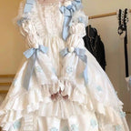 Sweet Lolita Blue and White Bow Long Sleeves Cute Princess Dress