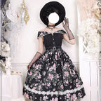Wedding Black French Romantic Rose Print Lace Dress JSK