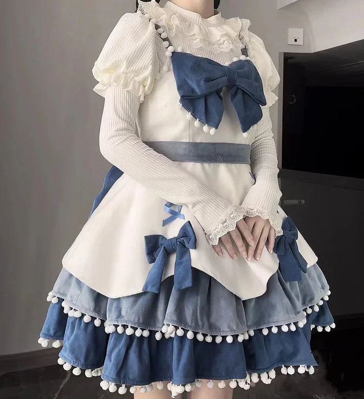 White Autumn and Winter Bubble Sleeves Lace Ruffle Edge Long Sleeves with Lolita Inside