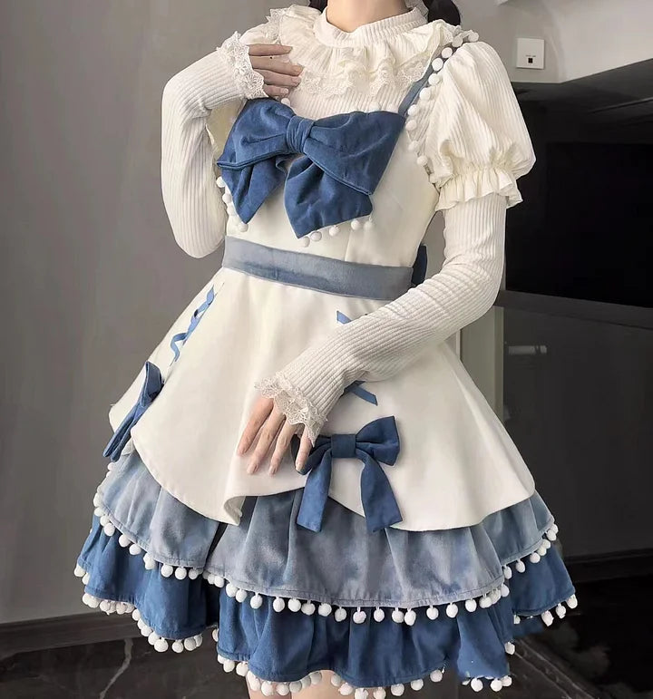 White Autumn and Winter Bubble Sleeves Lace Ruffle Edge Long Sleeves with Lolita Inside