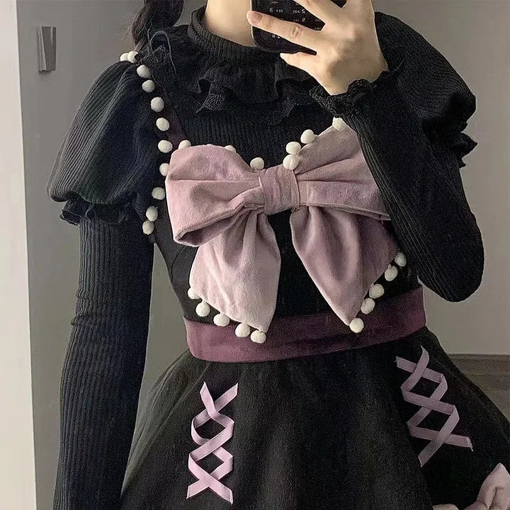 White Autumn and Winter Bubble Sleeves Lace Ruffle Edge Long Sleeves with Lolita Inside