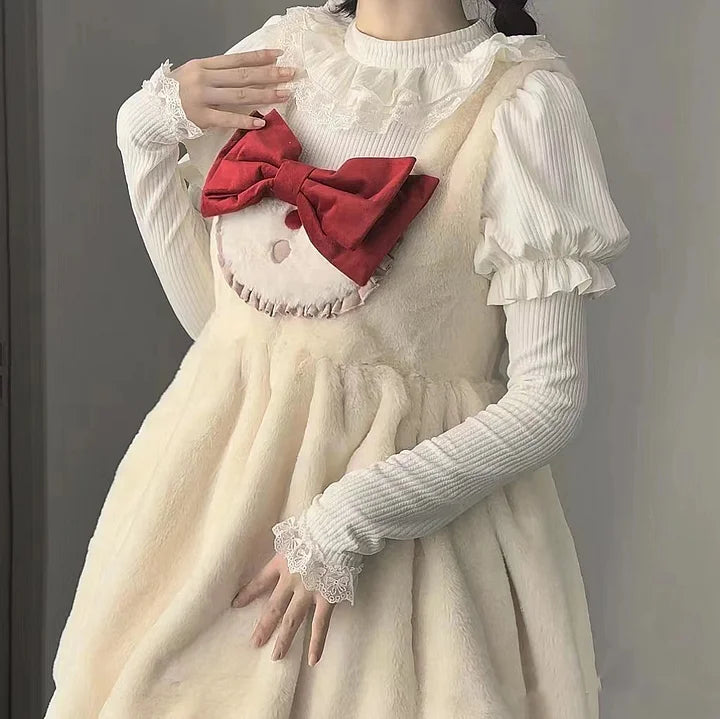 White Autumn and Winter Bubble Sleeves Lace Ruffle Edge Long Sleeves with Lolita Inside