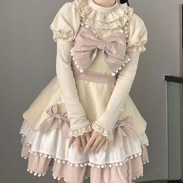 White Autumn and Winter Bubble Sleeves Lace Ruffle Edge Long Sleeves with Lolita Inside