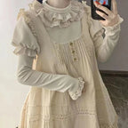 White Autumn and Winter Bubble Sleeves Lace Ruffle Edge Long Sleeves with Lolita Inside