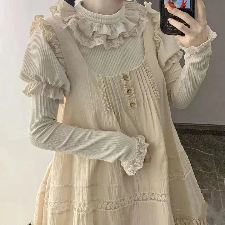 White Autumn and Winter Bubble Sleeves Lace Ruffle Edge Long Sleeves with Lolita Inside