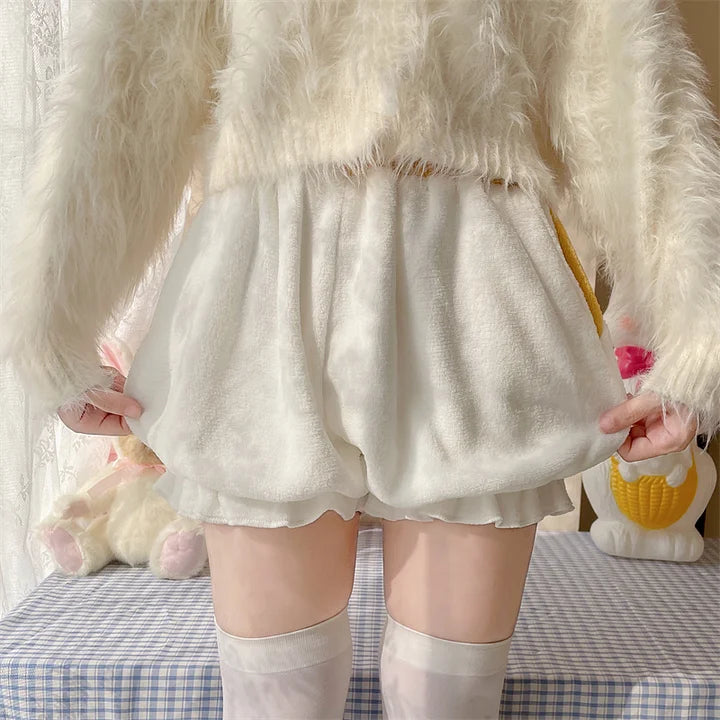 White Cute Lolita Petticoats Pumpkin Pants Cotton Velvet Thermal Lantern Shorts