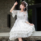 Hime Lolita White Elegant Flower Wedding Layer Gorgeous Dress