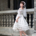 Hime Lolita White Elegant Flower Wedding Layer Gorgeous Dress