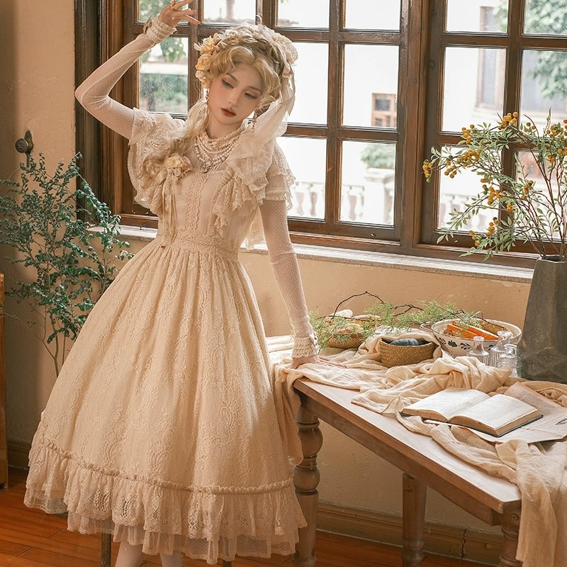 White Floral Classic Vintage Lolita OP Dress Lace Long Dresses