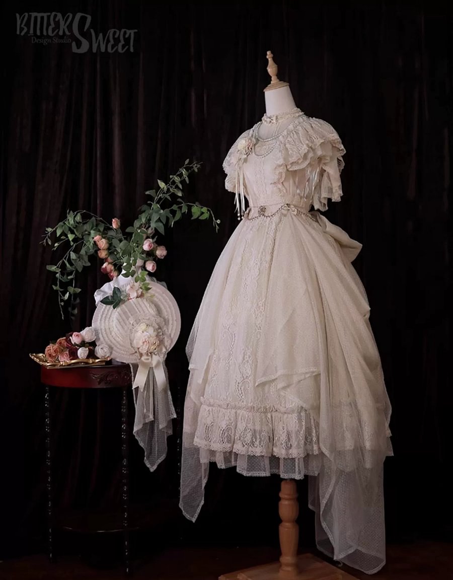 White Floral Classic Vintage Lolita OP Dress Lace Long Dresses