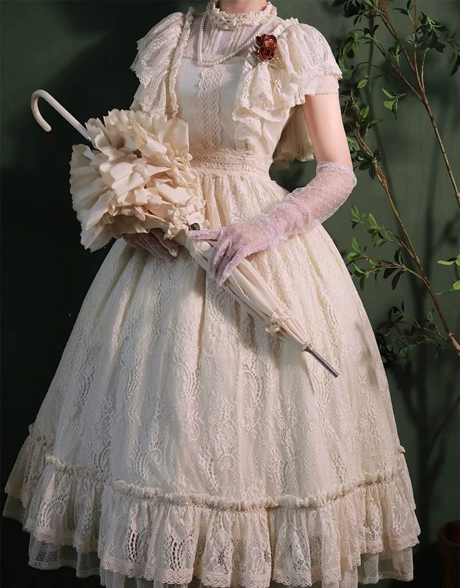 White Floral Classic Vintage Lolita OP Dress Lace Long Dresses