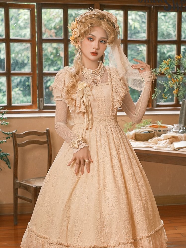 White Floral Classic Vintage Lolita OP Dress Lace Long Dresses