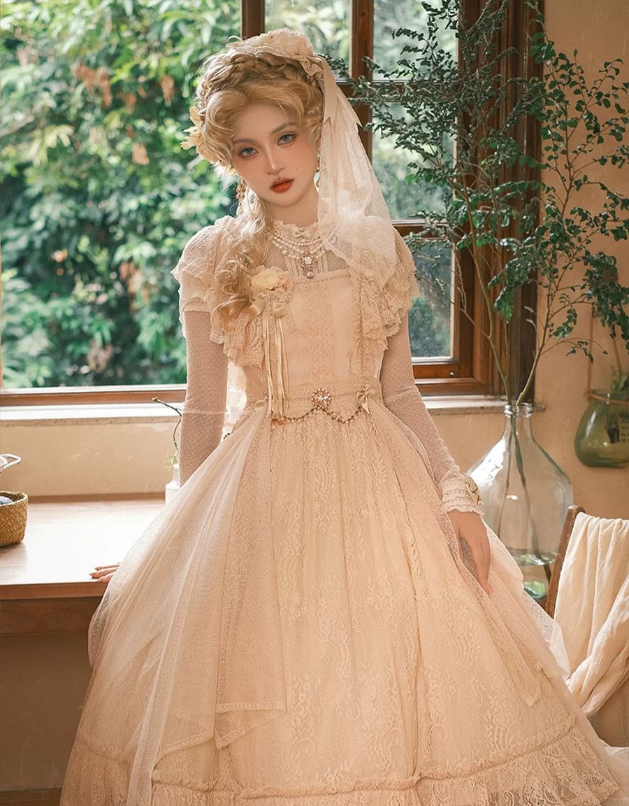White Floral Classic Vintage Lolita OP Dress Lace Long Dresses