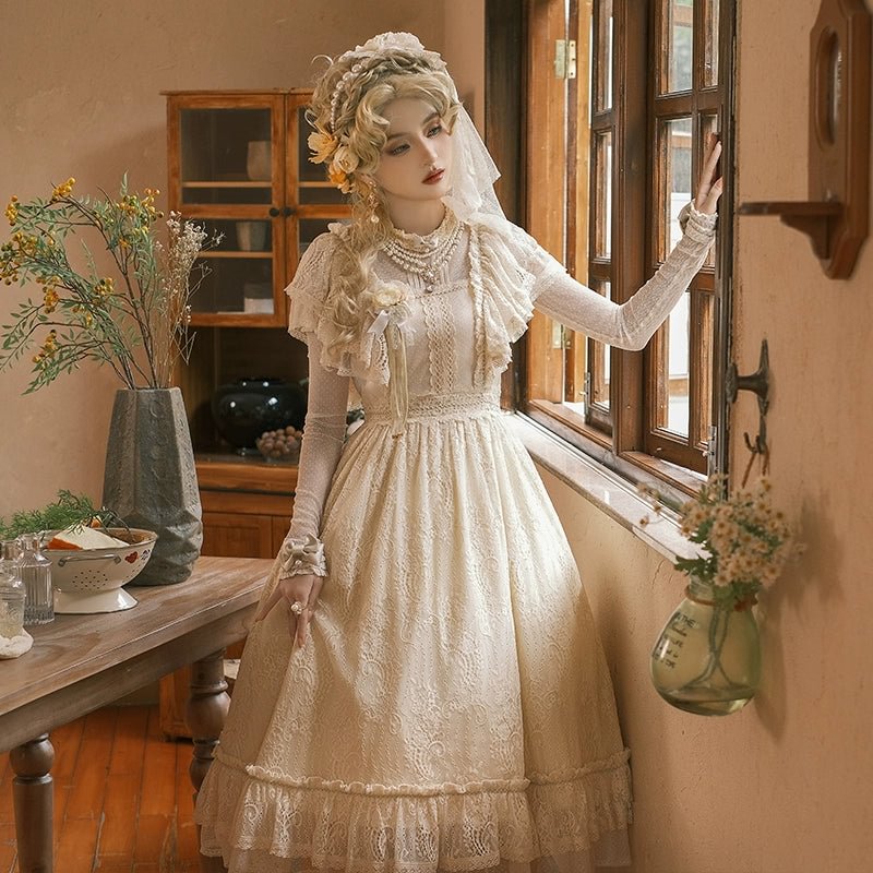 White Floral Classic Vintage Lolita OP Dress Lace Long Dresses