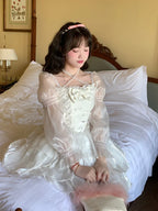 White Organza Long-sleeved Dress with Gentle and Sweet Sleeves Lace Lolita Dress