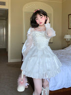White Organza Long-sleeved Dress with Gentle and Sweet Sleeves Lace Lolita Dress