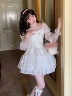 White Organza Long-sleeved Dress with Gentle and Sweet Sleeves Lace Lolita Dress