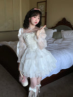 White Organza Long-sleeved Dress with Gentle and Sweet Sleeves Lace Lolita Dress